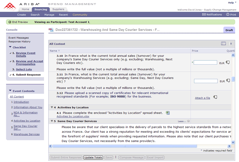 Example of an e-RFI on the Ariba platform